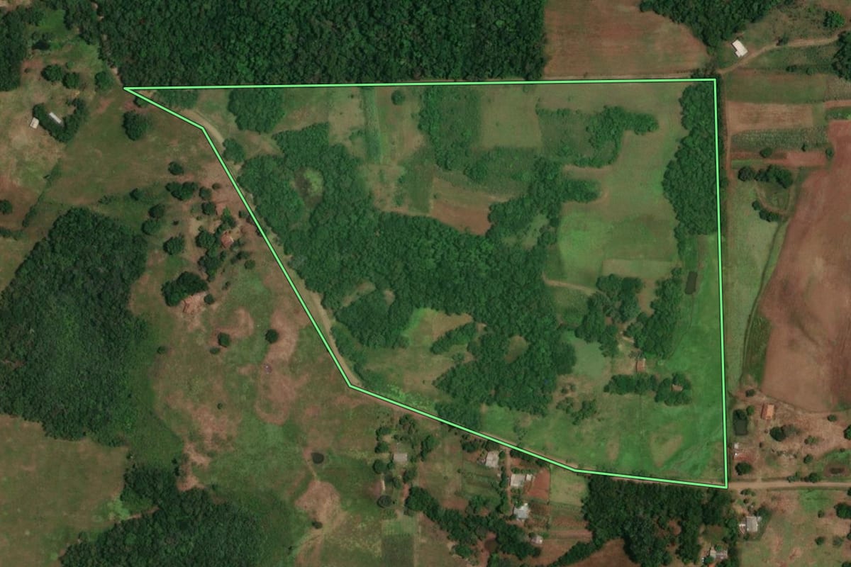 Imagem de satélite do imóvel rural em Porto Lucena (RS), com o contorno declarado no CAR desenhado por cima.
