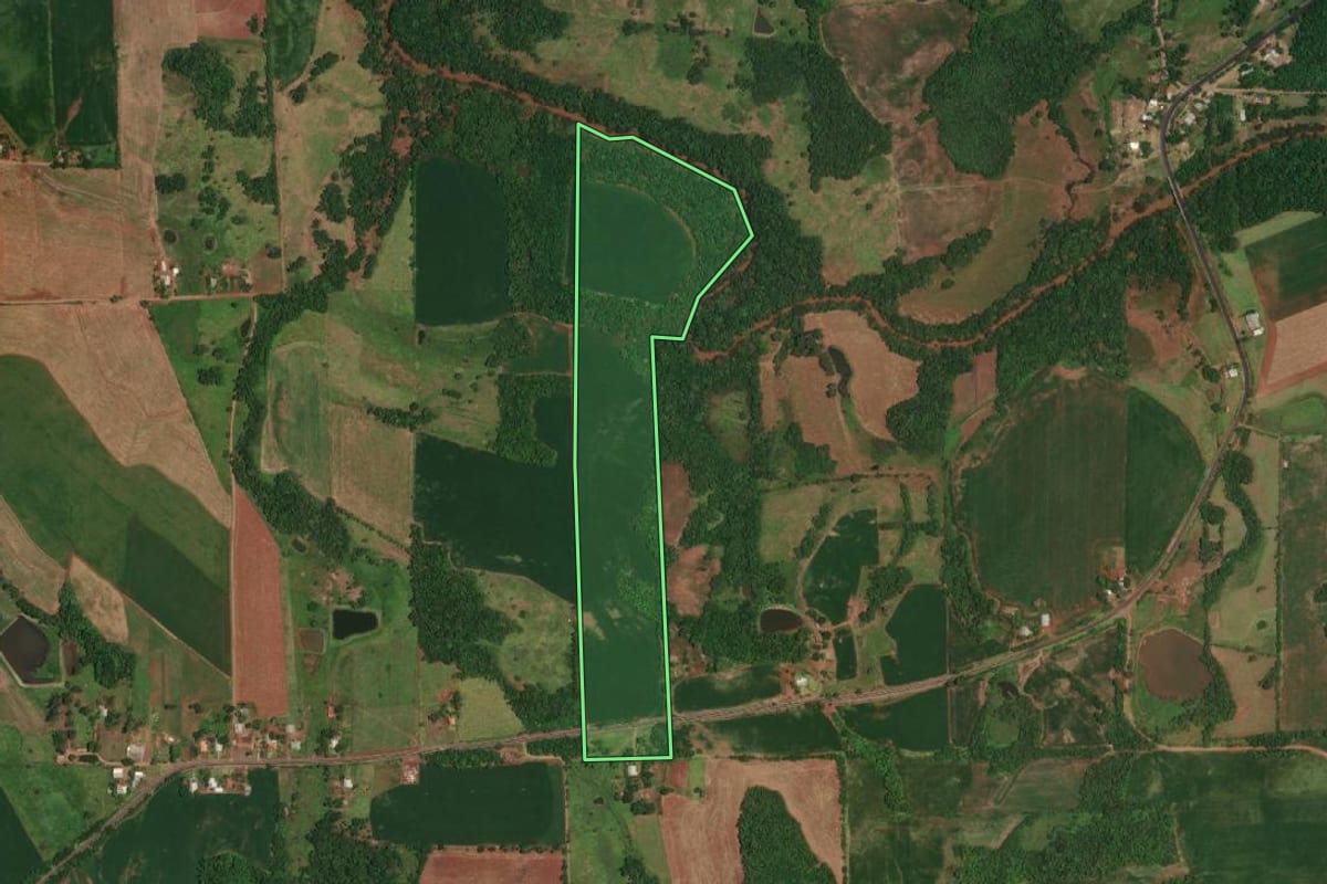Imagem de satélite do imóvel rural em Porto Lucena (RS), com o contorno declarado no CAR desenhado por cima.