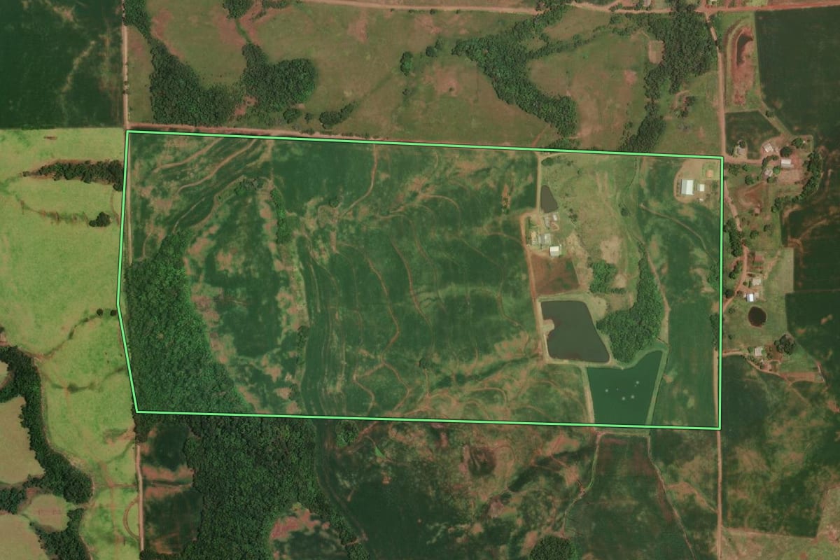 Imagem de satélite do imóvel rural em Porto Lucena (RS), com o contorno declarado no CAR desenhado por cima.