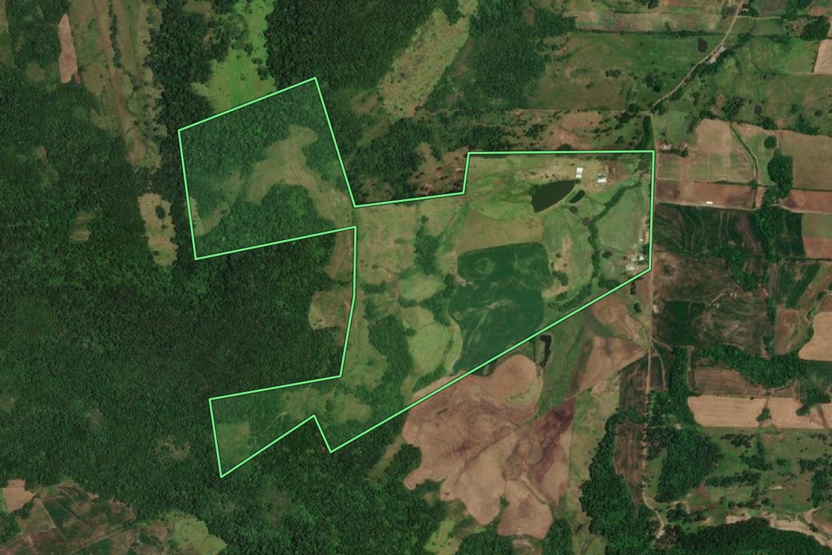Imagem de satélite do imóvel rural em Porto Lucena (RS), com o contorno declarado no CAR desenhado por cima.