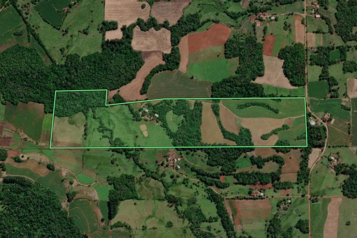 Imagem de satélite do imóvel rural em Porto Lucena (RS), com o contorno declarado no CAR desenhado por cima.