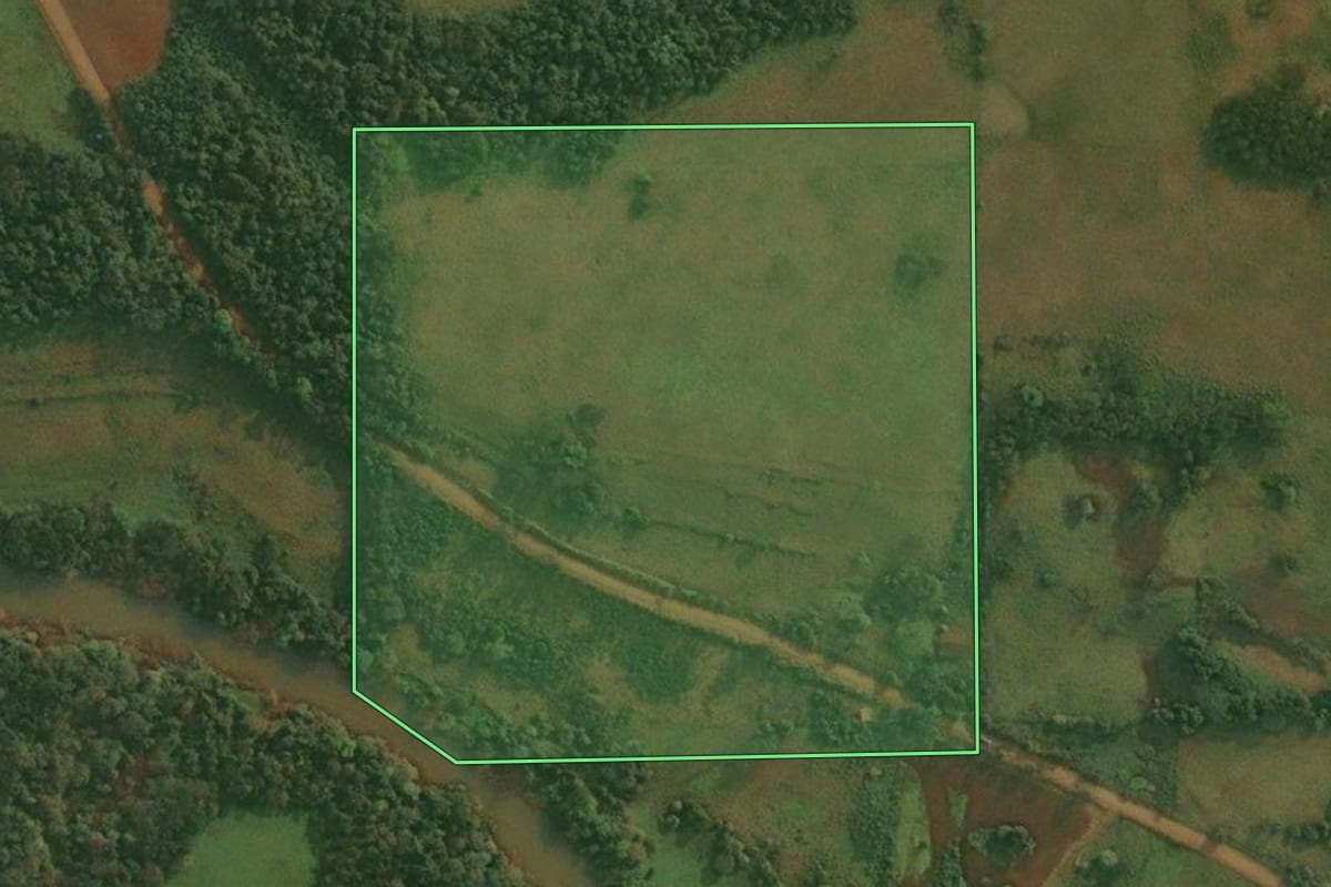 Imagem de satélite do imóvel rural em Porto Lucena (RS), com o contorno declarado no CAR desenhado por cima.