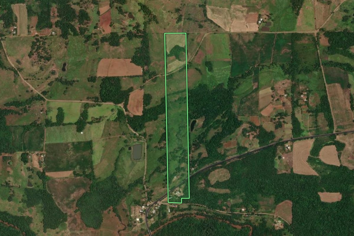 Imagem de satélite do imóvel rural em Porto Lucena (RS), com o contorno declarado no CAR desenhado por cima.