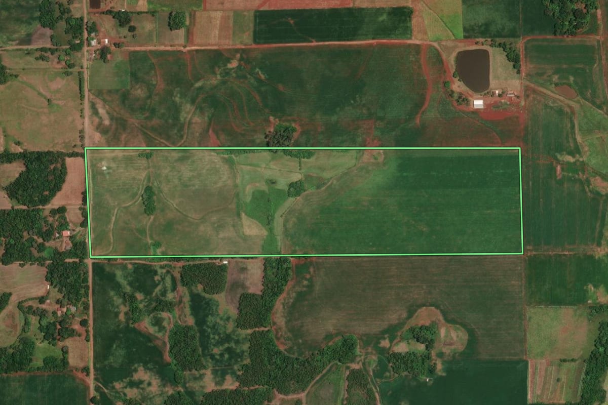 Imagem de satélite do imóvel rural em Porto Lucena (RS), com o contorno declarado no CAR desenhado por cima.