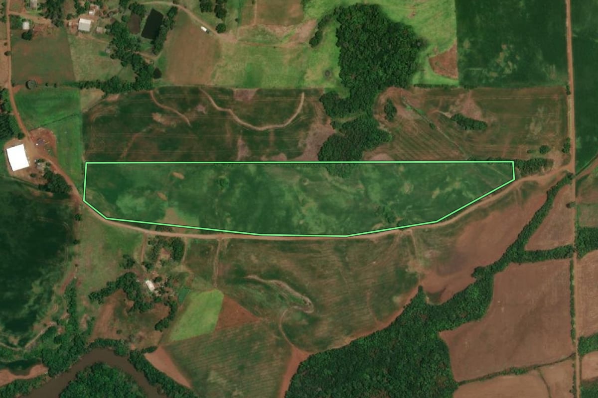 Imagem de satélite do imóvel rural em Porto Lucena (RS), com o contorno declarado no CAR desenhado por cima.