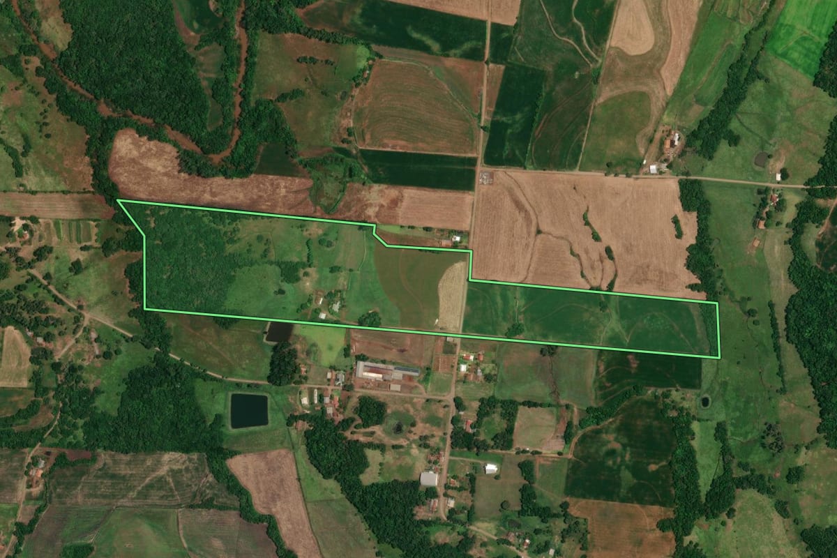 Imagem de satélite do imóvel rural em Porto Lucena (RS), com o contorno declarado no CAR desenhado por cima.