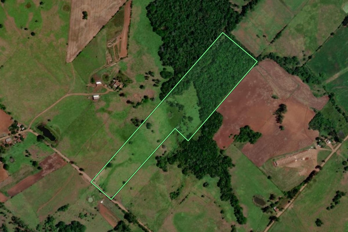 Imagem de satélite do imóvel rural em Porto Lucena (RS), com o contorno declarado no CAR desenhado por cima.