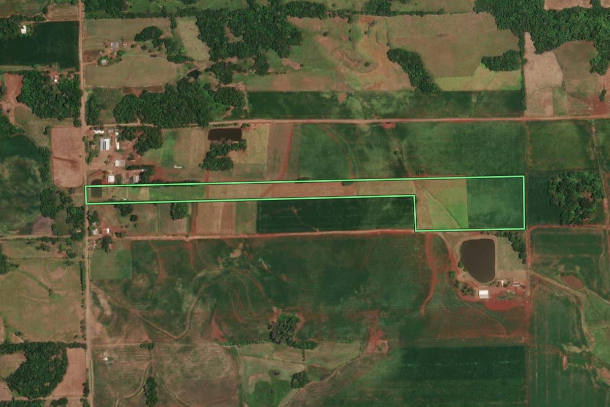 Imagem de satélite do imóvel rural em Porto Lucena (RS), com o contorno declarado no CAR desenhado por cima.