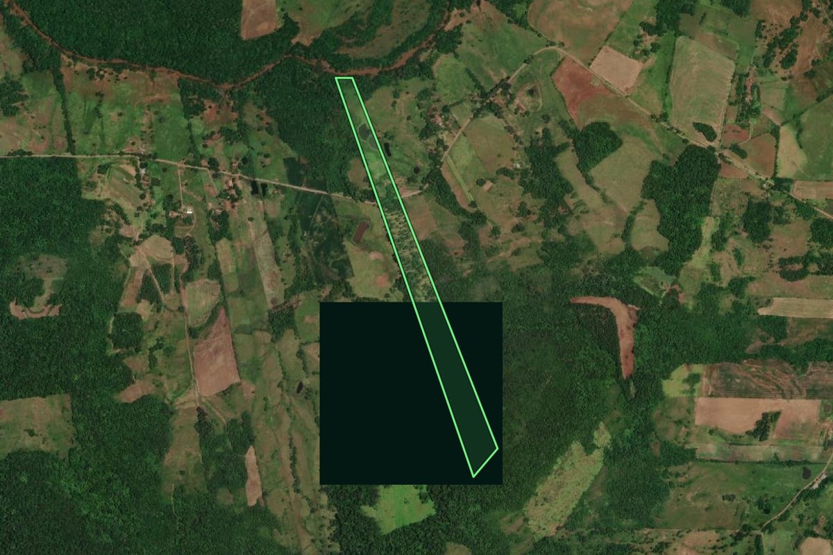 Imagem de satélite do imóvel rural em Porto Lucena (RS), com o contorno declarado no CAR desenhado por cima.