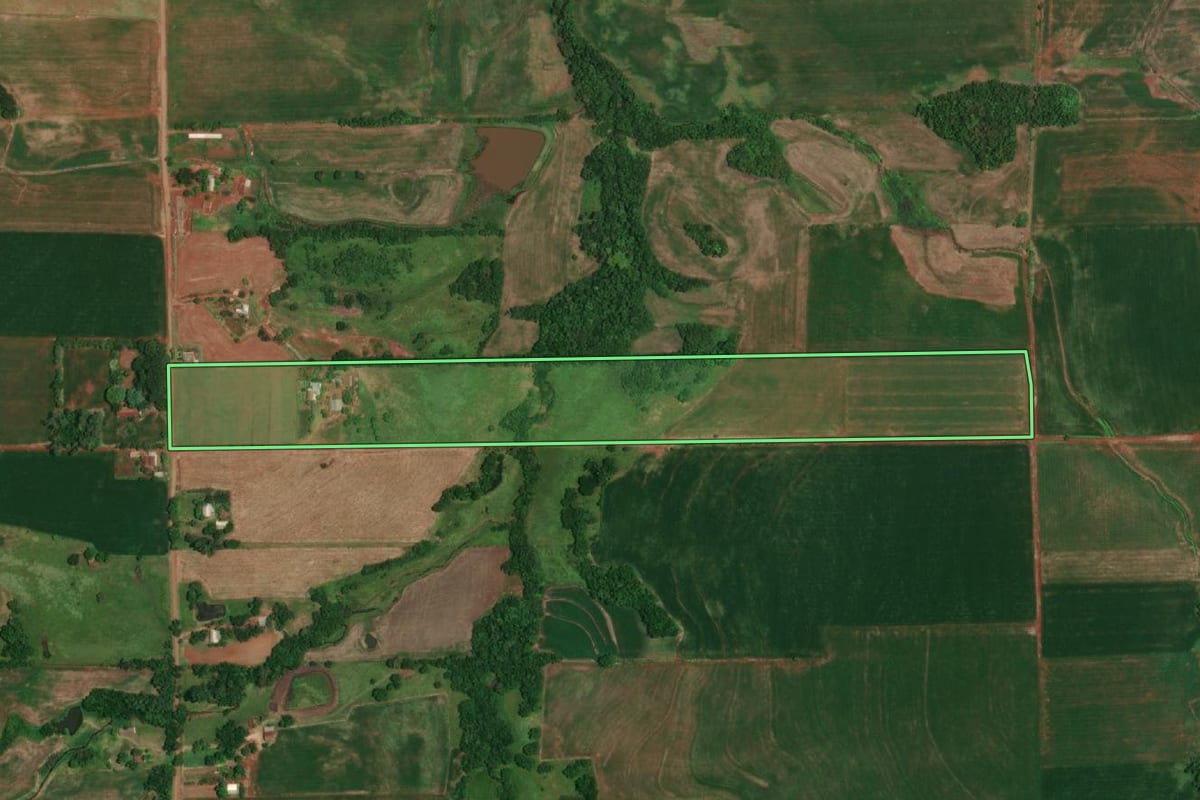 Imagem de satélite do imóvel rural em Porto Lucena (RS), com o contorno declarado no CAR desenhado por cima.