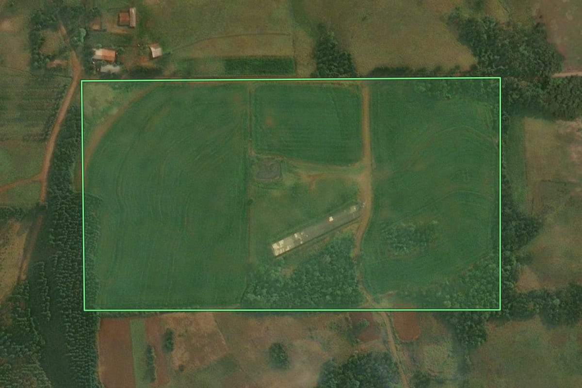 Imagem de satélite do imóvel rural em Porto Lucena (RS), com o contorno declarado no CAR desenhado por cima.