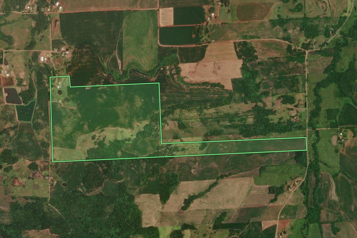 Imagem de satélite do imóvel rural em Porto Lucena (RS), com o contorno declarado no CAR desenhado por cima.