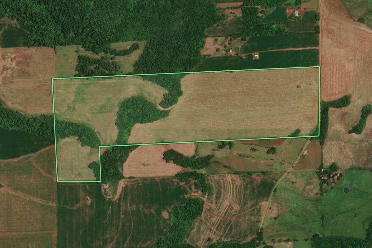 Imagem de satélite do imóvel rural em Porto Lucena (RS), com o contorno declarado no CAR desenhado por cima.