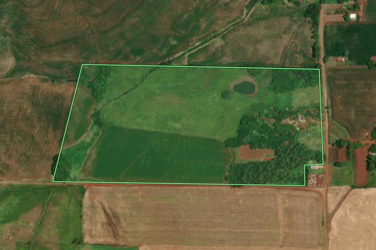 Imagem de satélite do imóvel rural em Porto Lucena (RS), com o contorno declarado no CAR desenhado por cima.