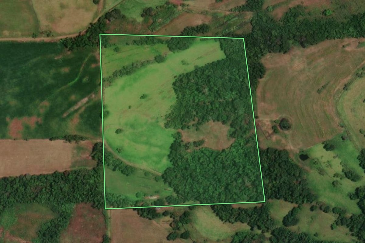 Imagem de satélite do imóvel rural em Porto Lucena (RS), com o contorno declarado no CAR desenhado por cima.