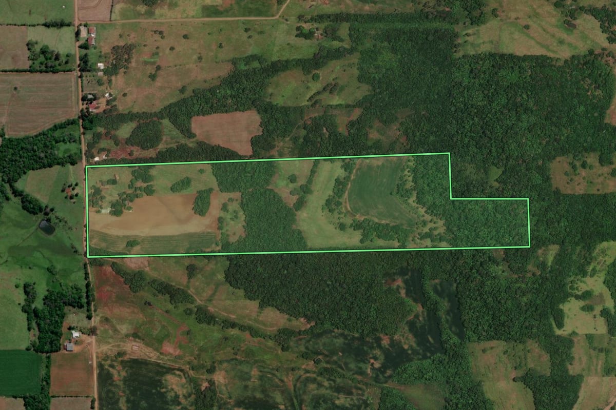 Imagem de satélite do imóvel rural em Porto Lucena (RS), com o contorno declarado no CAR desenhado por cima.