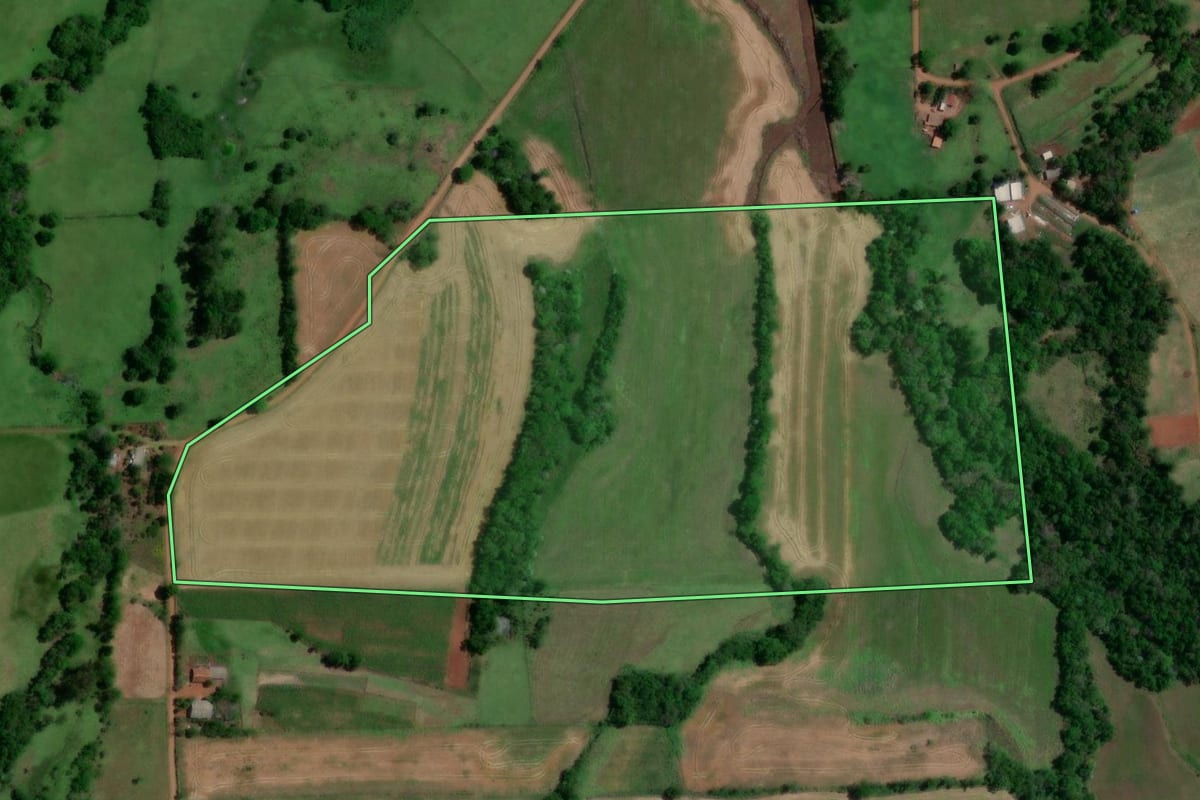 Imagem de satélite do imóvel rural em Porto Lucena (RS), com o contorno declarado no CAR desenhado por cima.