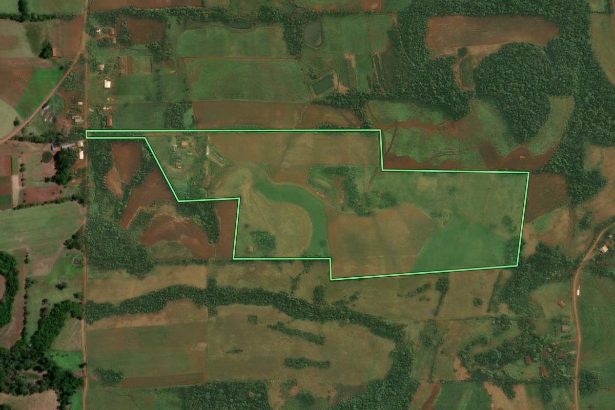 Imagem de satélite do imóvel rural em Porto Lucena (RS), com o contorno declarado no CAR desenhado por cima.