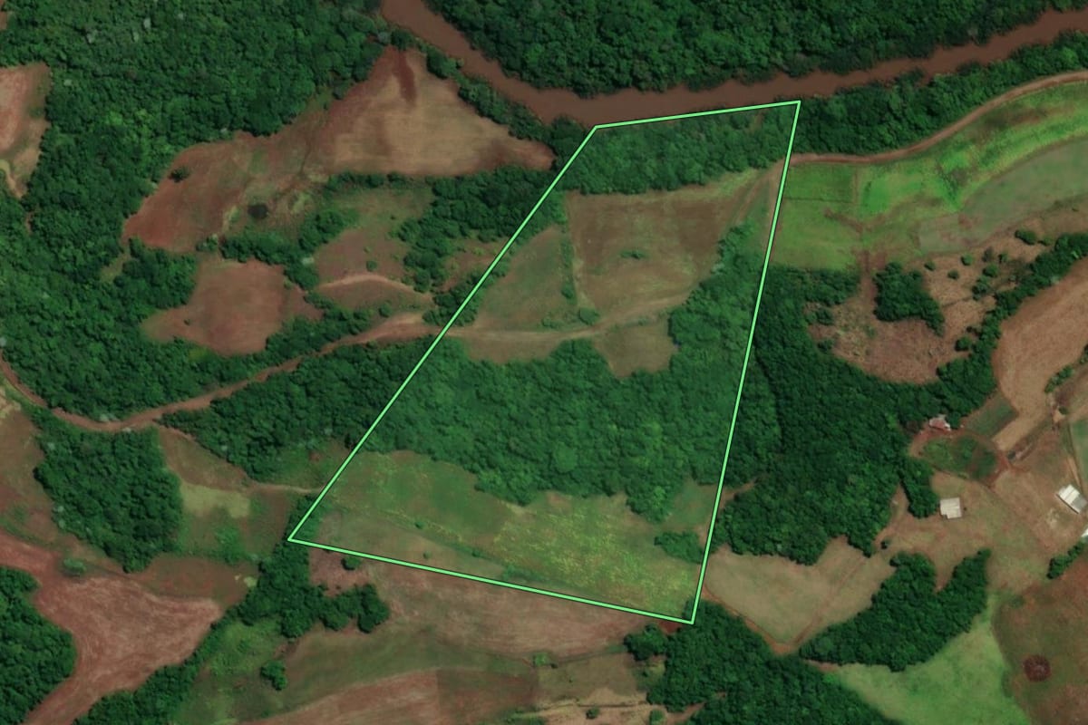 Imagem de satélite do imóvel rural em Porto Mauá (RS), com o contorno declarado no CAR desenhado por cima.