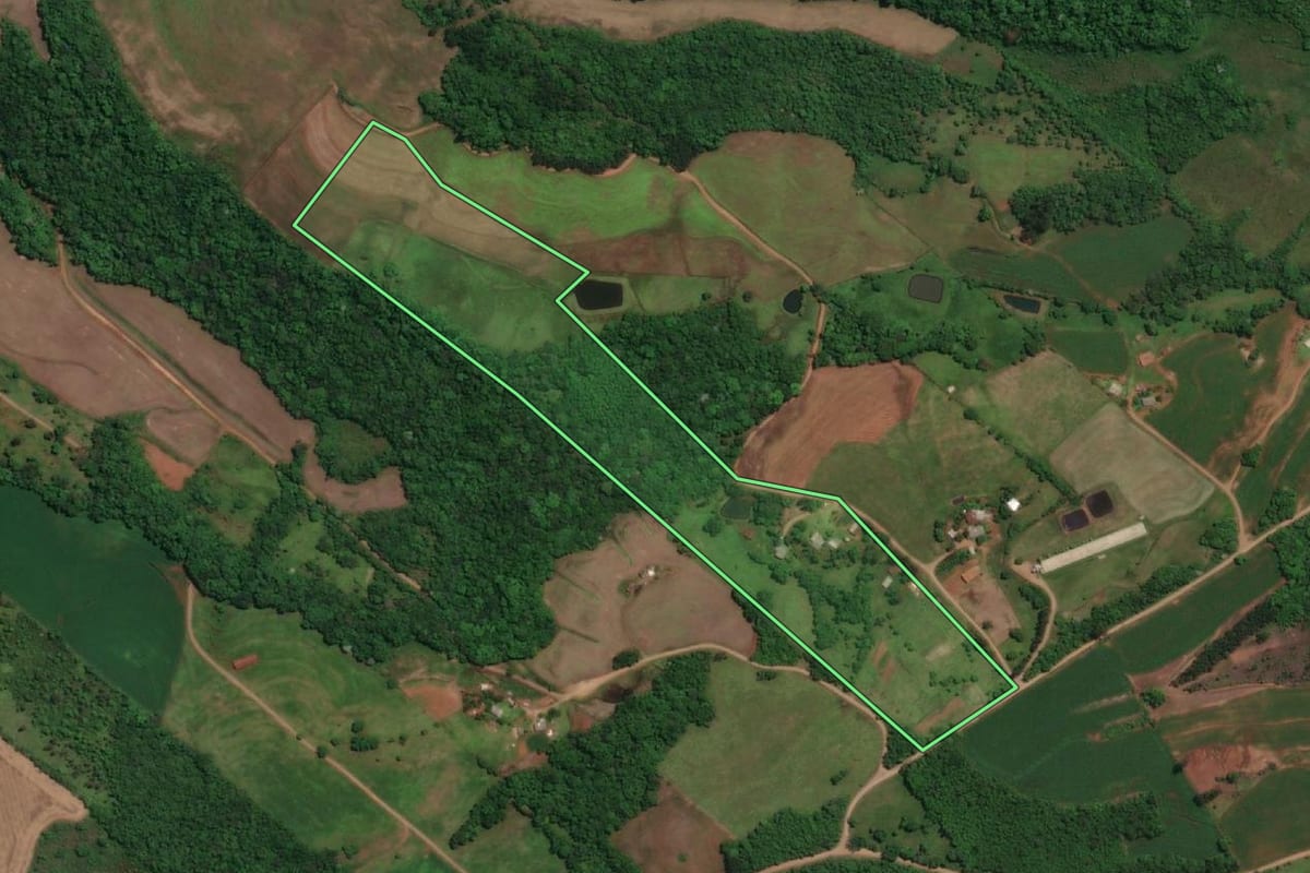 Imagem de satélite do imóvel rural em Porto Mauá (RS), com o contorno declarado no CAR desenhado por cima.