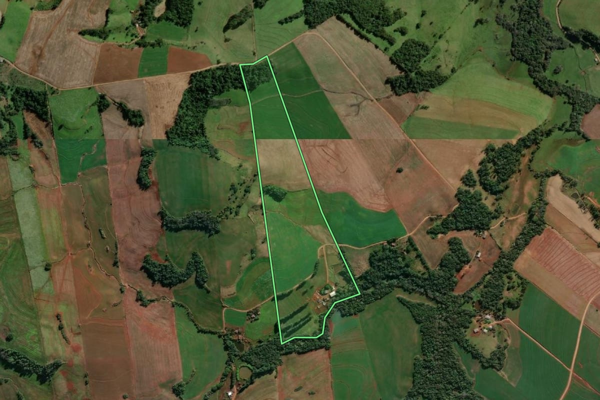 Imagem de satélite do imóvel rural em Porto Mauá (RS), com o contorno declarado no CAR desenhado por cima.