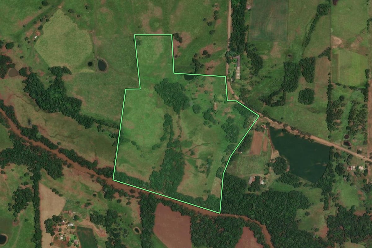 Imagem de satélite do imóvel rural em Porto Vera Cruz (RS), com o contorno declarado no CAR desenhado por cima.
