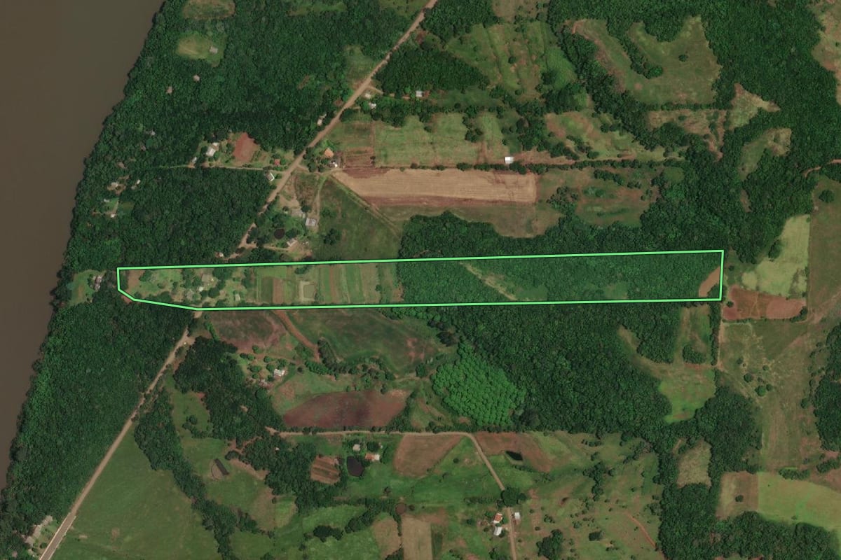 Imagem de satélite do imóvel rural em Porto Vera Cruz (RS), com o contorno declarado no CAR desenhado por cima.