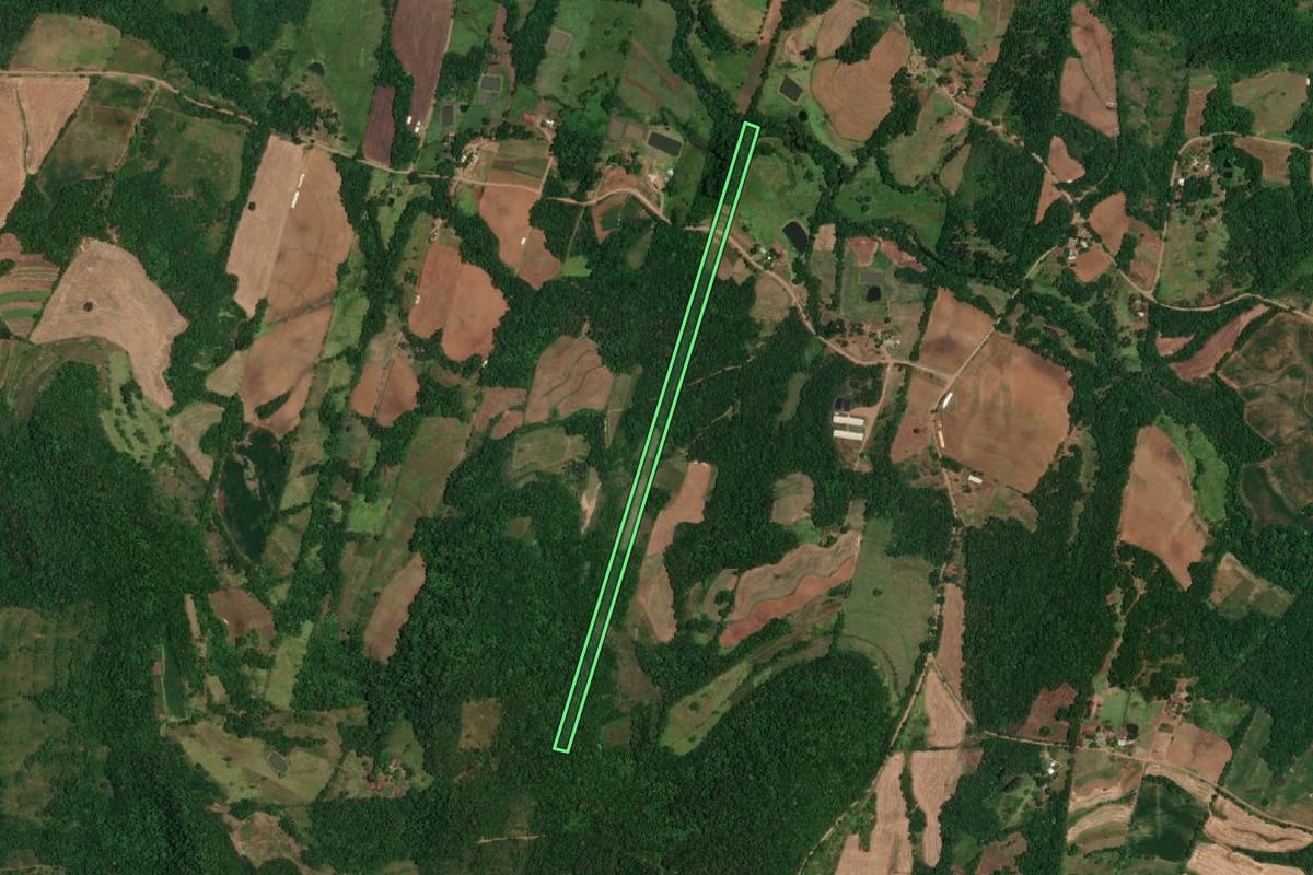 Imagem de satélite do imóvel rural em Porto Vera Cruz (RS), com o contorno declarado no CAR desenhado por cima.