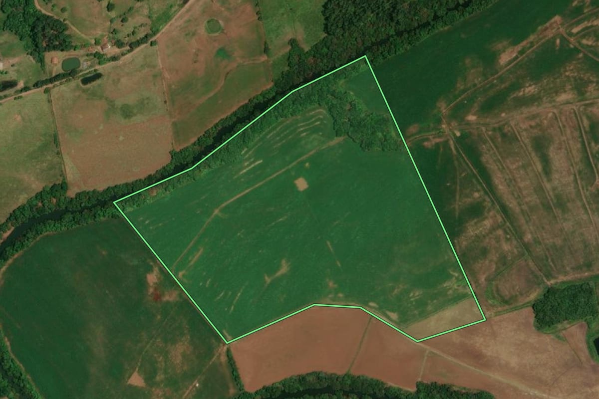 Imagem de satélite do imóvel rural em Porto Vera Cruz (RS), com o contorno declarado no CAR desenhado por cima.
