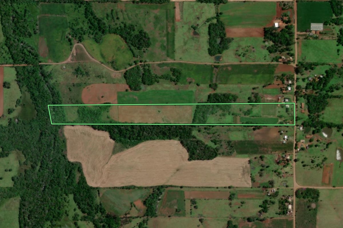 Imagem de satélite do imóvel rural em Porto Xavier (RS), com o contorno declarado no CAR desenhado por cima.