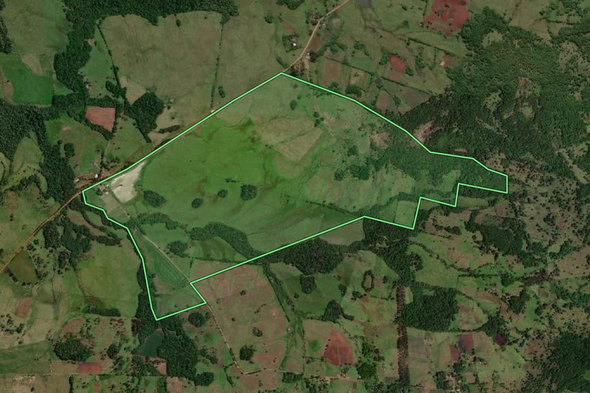 Imagem de satélite do imóvel rural em Porto Xavier (RS), com o contorno declarado no CAR desenhado por cima.