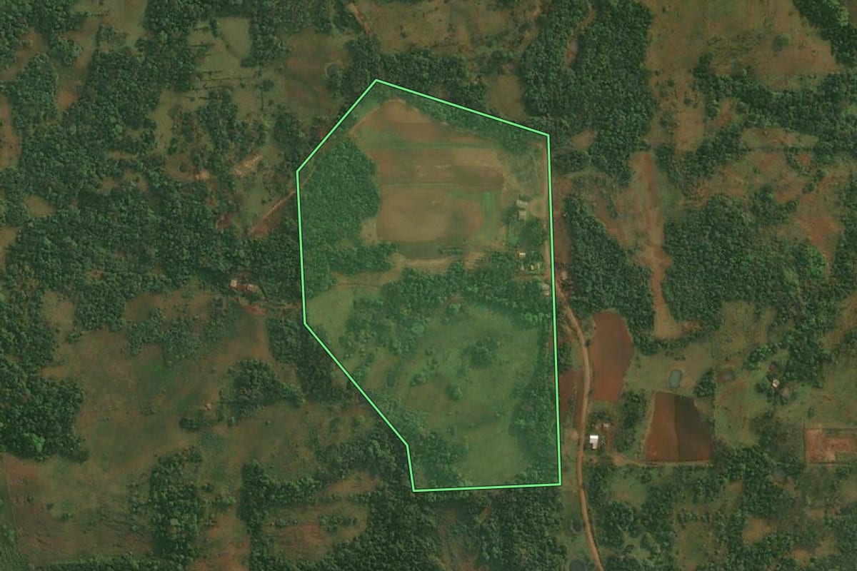 Imagem de satélite do imóvel rural em Porto Xavier (RS), com o contorno declarado no CAR desenhado por cima.