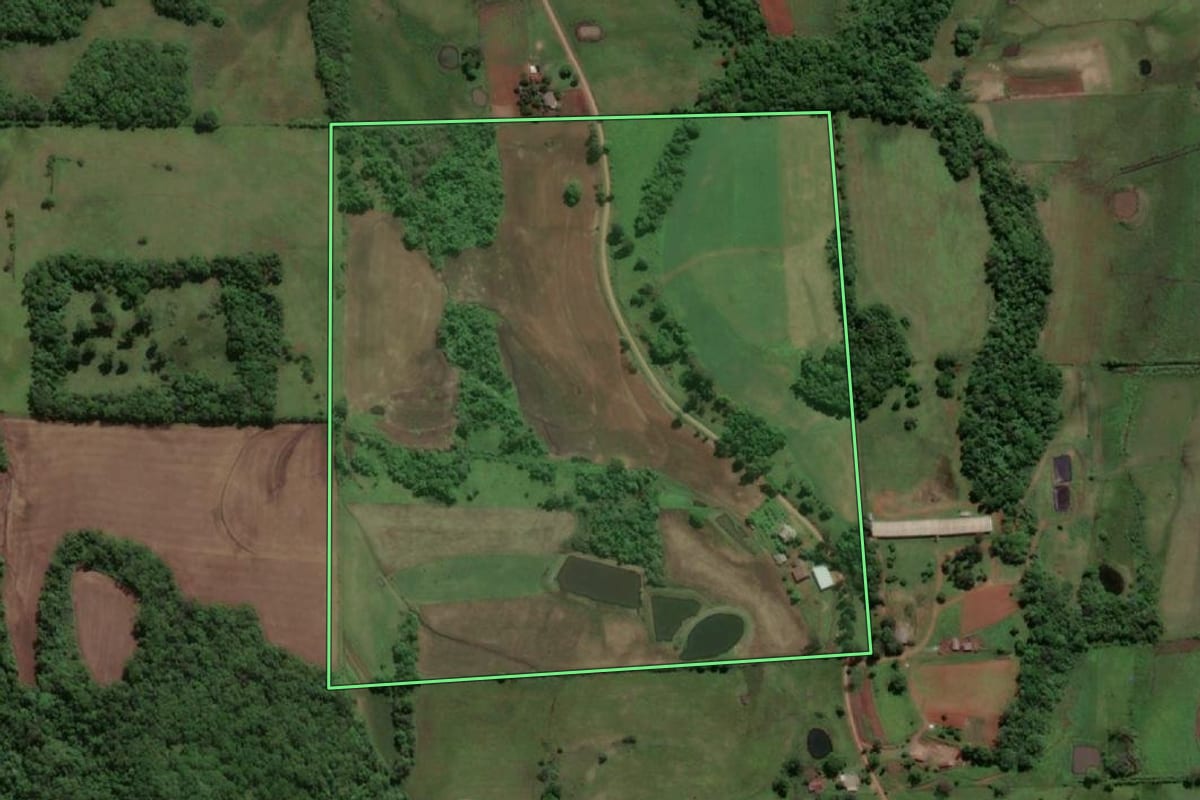 Imagem de satélite do imóvel rural em Porto Xavier (RS), com o contorno declarado no CAR desenhado por cima.