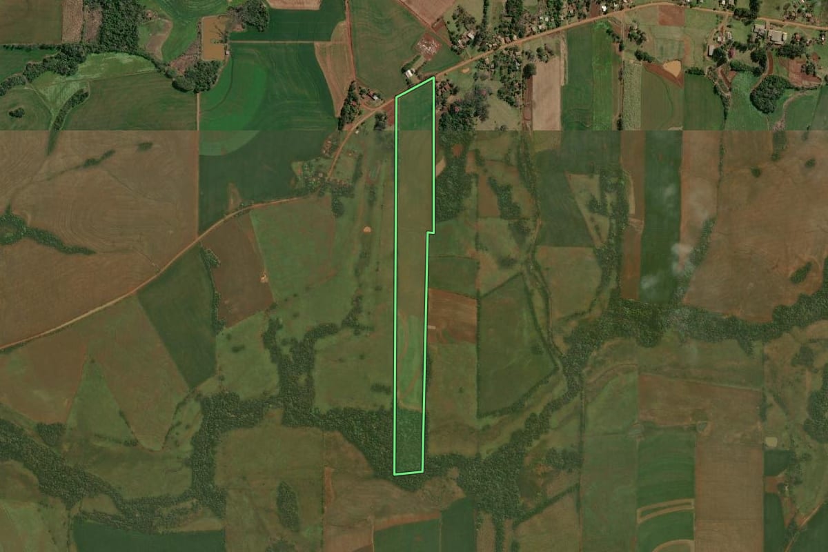 Imagem de satélite do imóvel rural em Porto Xavier (RS), com o contorno declarado no CAR desenhado por cima.