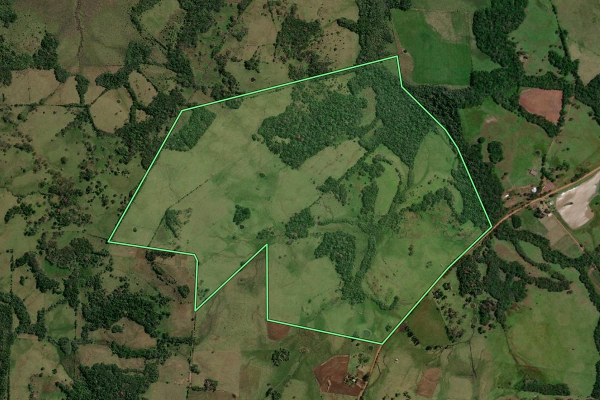 Imagem de satélite do imóvel rural em Porto Xavier (RS), com o contorno declarado no CAR desenhado por cima.