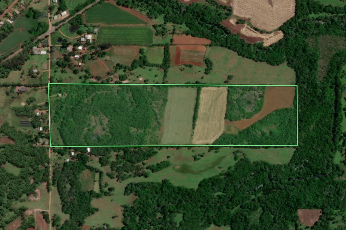 Imagem de satélite do imóvel rural em Porto Xavier (RS), com o contorno declarado no CAR desenhado por cima.