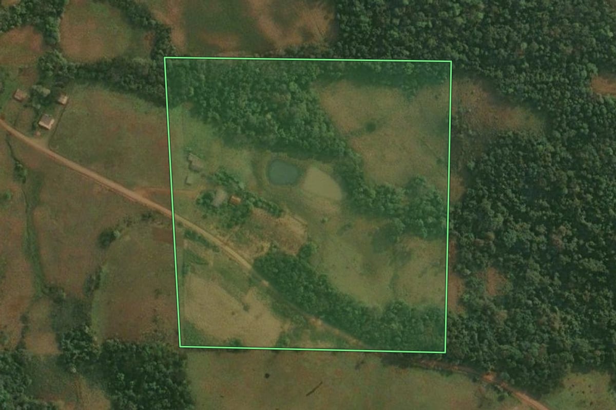 Imagem de satélite do imóvel rural em Porto Xavier (RS), com o contorno declarado no CAR desenhado por cima.