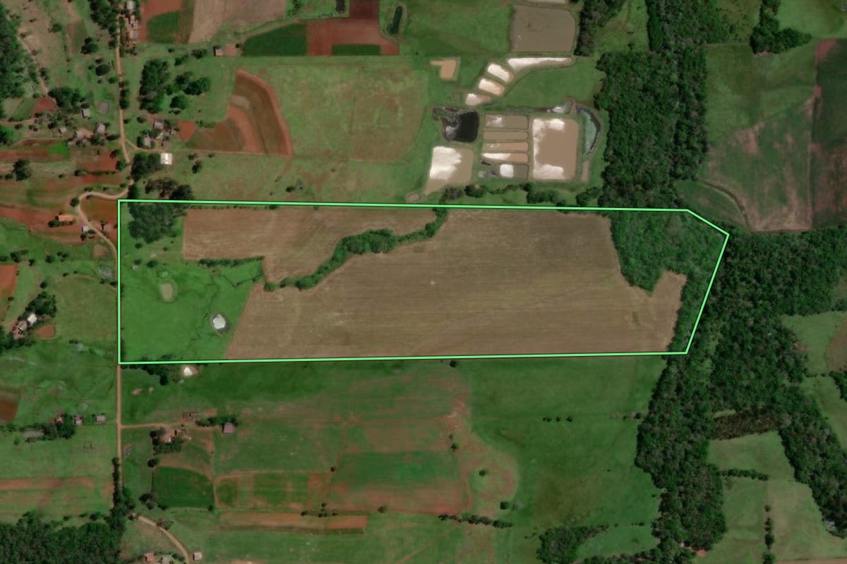 Imagem de satélite do imóvel rural em Porto Xavier (RS), com o contorno declarado no CAR desenhado por cima.
