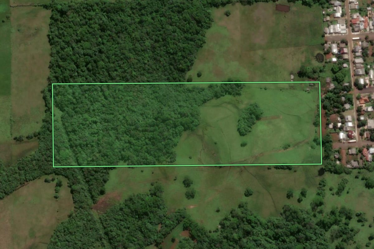 Imagem de satélite do imóvel rural em Porto Xavier (RS), com o contorno declarado no CAR desenhado por cima.
