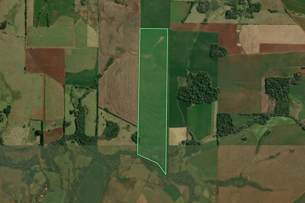 Imagem de satélite do imóvel rural em Porto Xavier (RS), com o contorno declarado no CAR desenhado por cima.