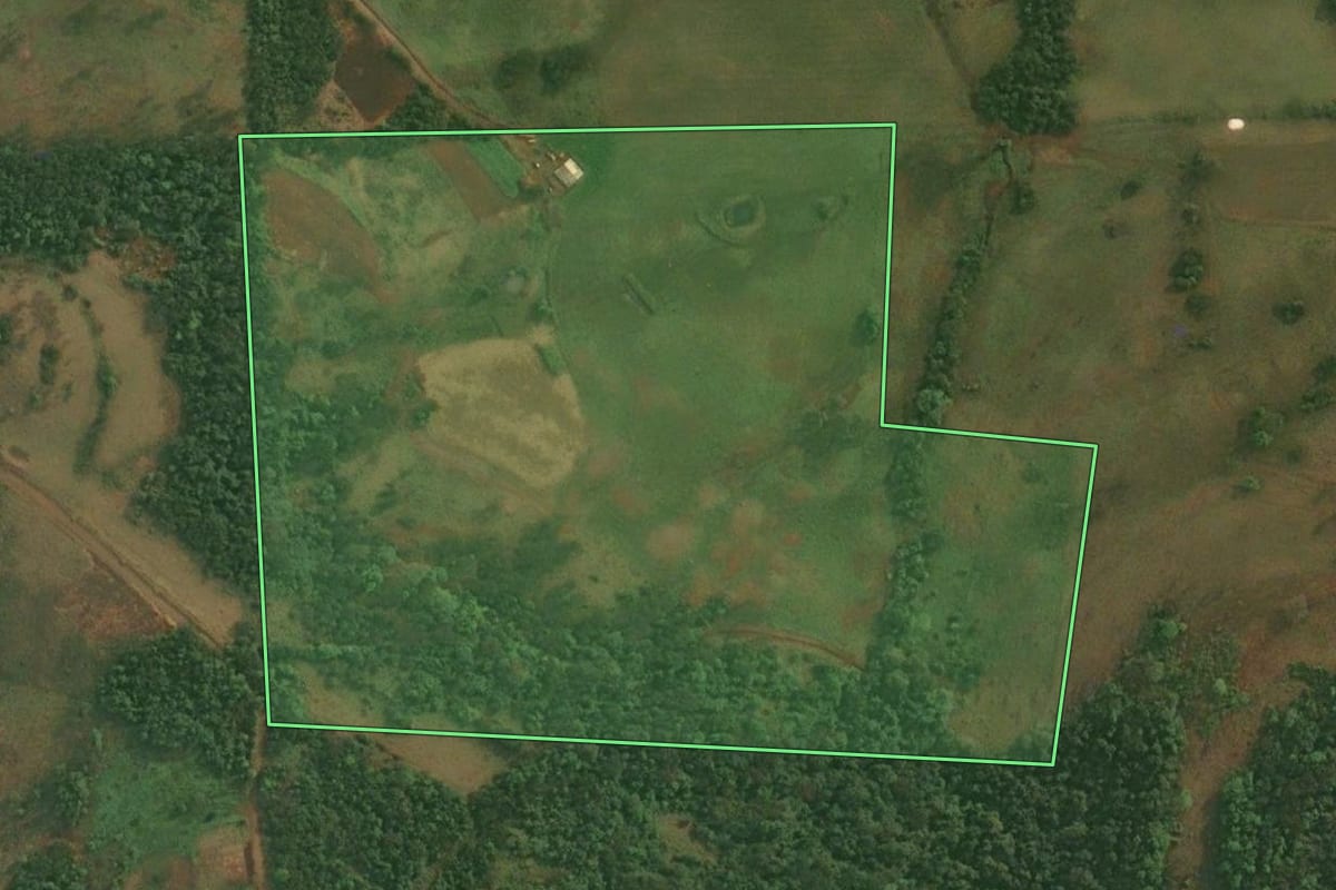 Imagem de satélite do imóvel rural em Porto Xavier (RS), com o contorno declarado no CAR desenhado por cima.