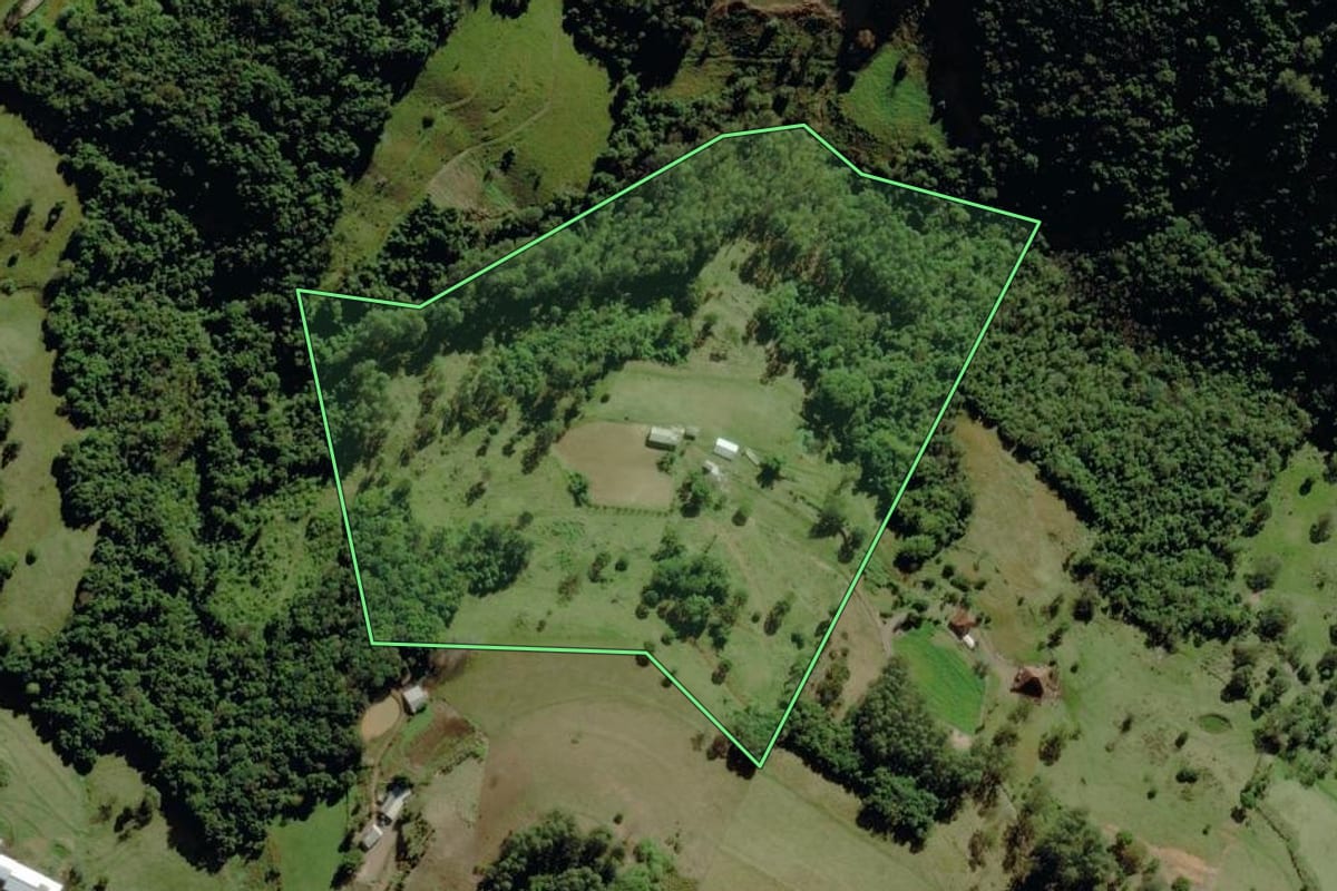 Imagem de satélite do imóvel rural em Pouso Novo (RS), com o contorno declarado no CAR desenhado por cima.