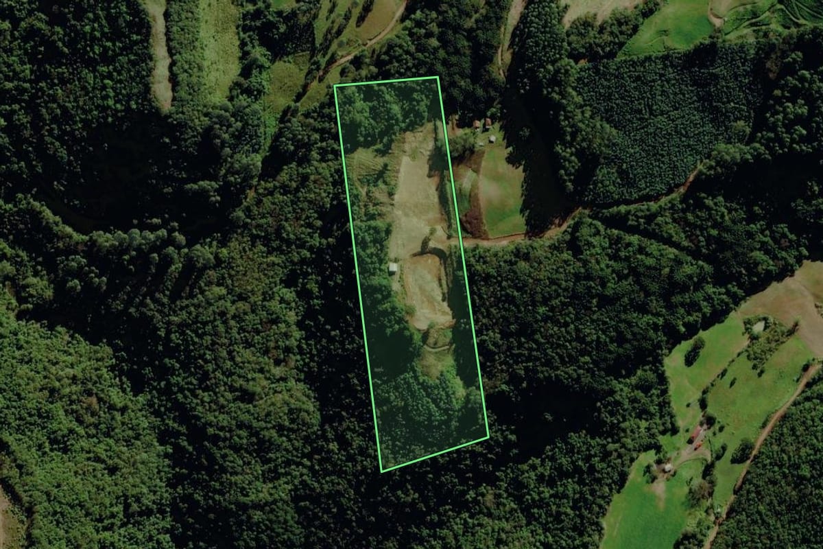 Imagem de satélite do imóvel rural em Pouso Novo (RS), com o contorno declarado no CAR desenhado por cima.