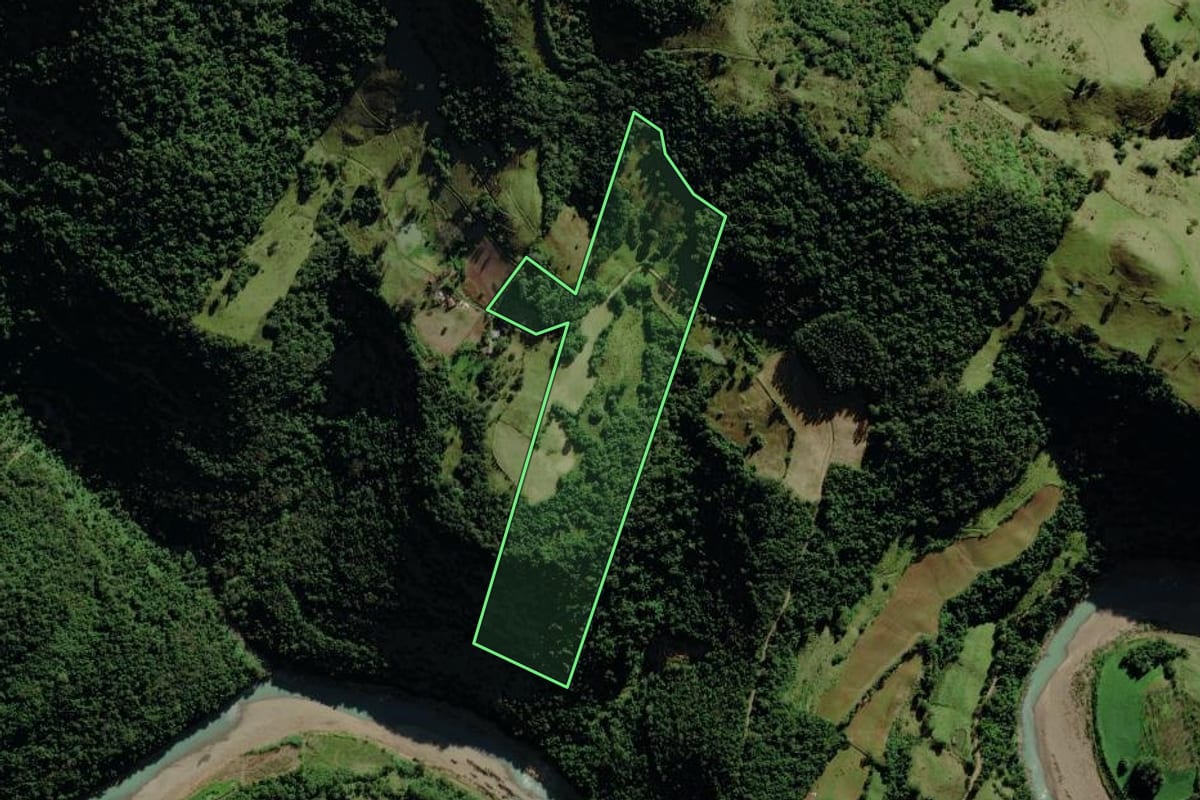 Imagem de satélite do imóvel rural em Pouso Novo (RS), com o contorno declarado no CAR desenhado por cima.