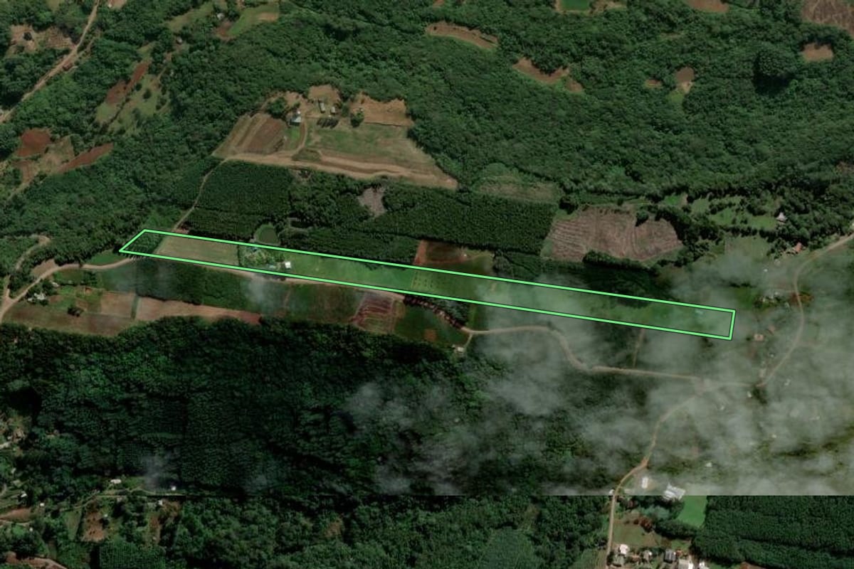 Imagem de satélite do imóvel rural em Presidente Lucena (RS), com o contorno declarado no CAR desenhado por cima.