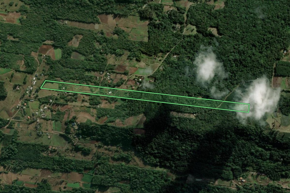 Imagem de satélite do imóvel rural em Presidente Lucena (RS), com o contorno declarado no CAR desenhado por cima.