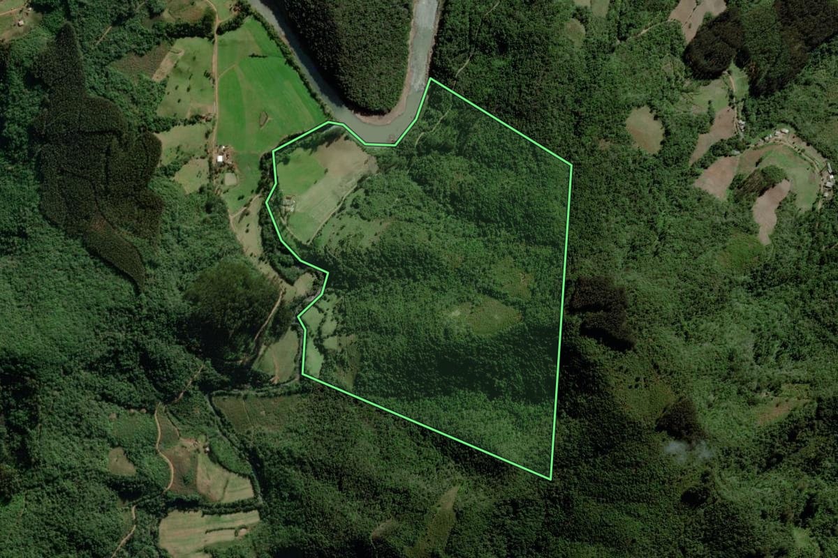 Imagem de satélite do imóvel rural em Progresso (RS), com o contorno declarado no CAR desenhado por cima.