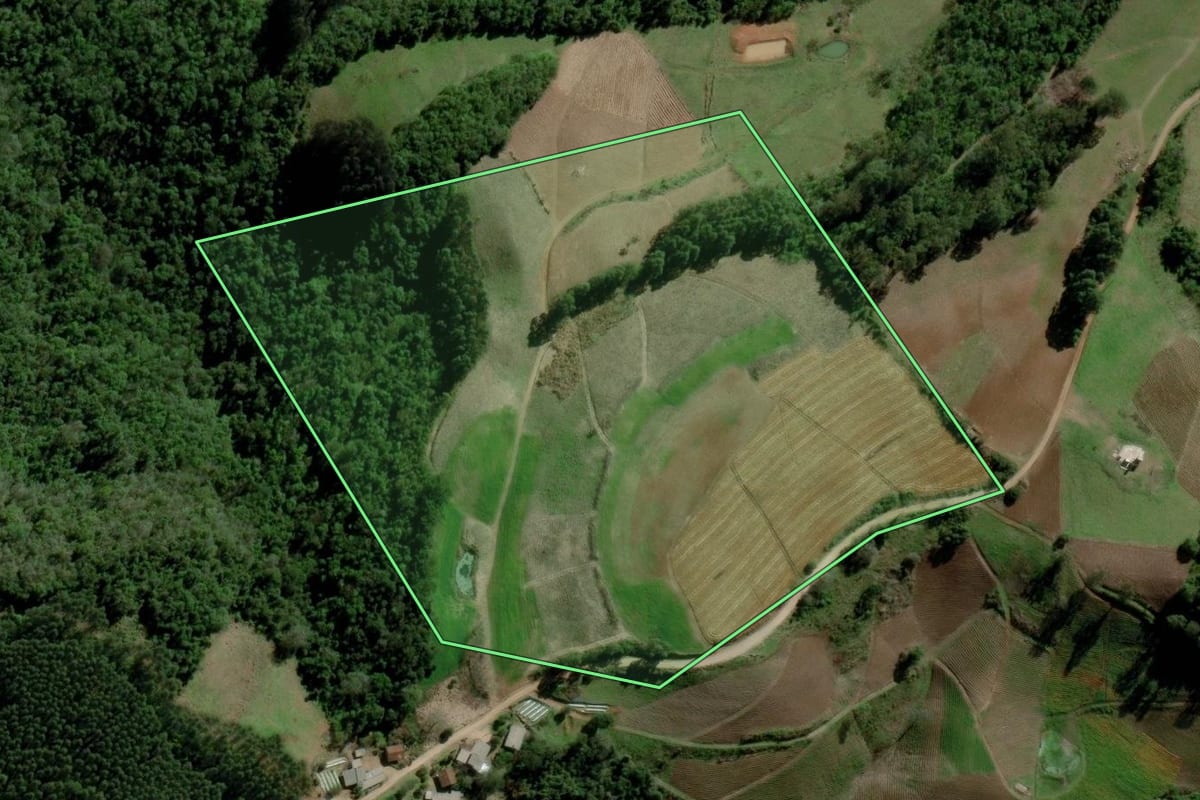 Imagem de satélite do imóvel rural em Progresso (RS), com o contorno declarado no CAR desenhado por cima.