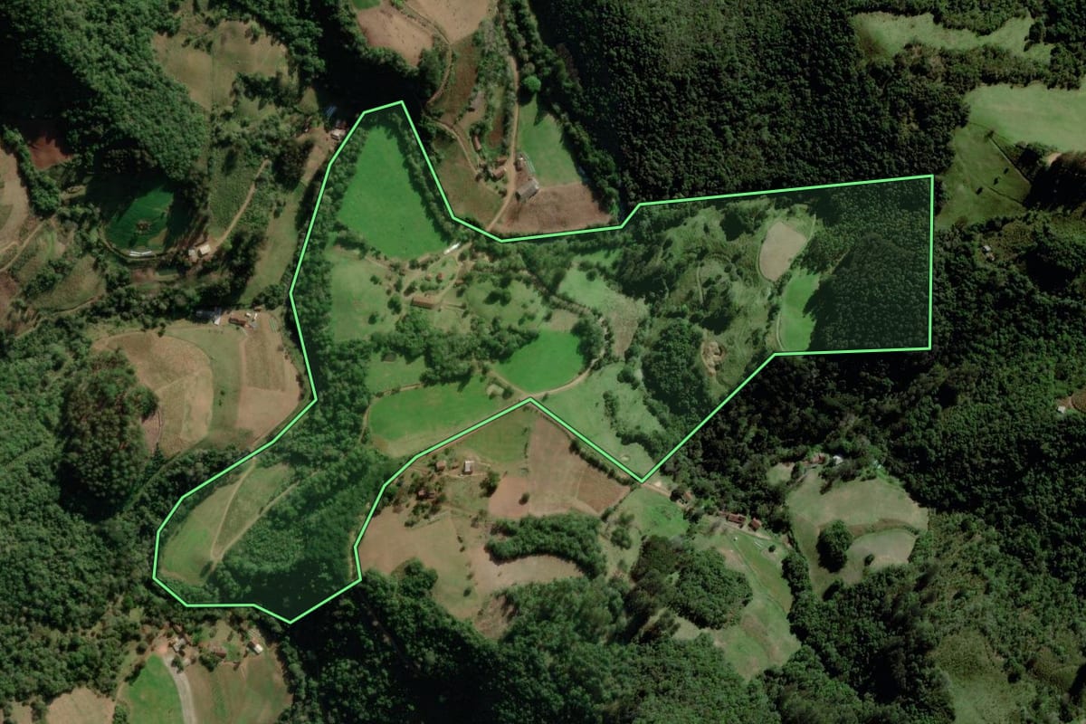 Imagem de satélite do imóvel rural em Progresso (RS), com o contorno declarado no CAR desenhado por cima.
