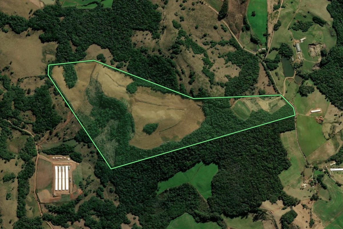 Imagem de satélite do imóvel rural em Protásio Alves (RS), com o contorno declarado no CAR desenhado por cima.